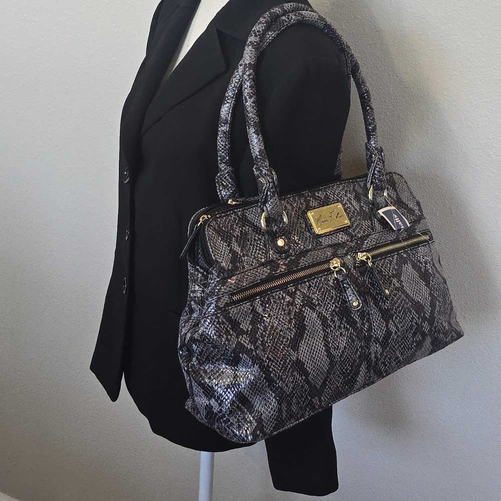 NEW Marc Fisher Faux Snakeskin Blue Jewel Gold Tone large satchel bag